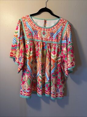 Boutique XL Bright Multicolor Geo-Print Short Sleeve Tunic Top